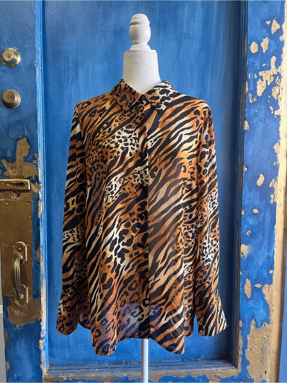 Animal-Print Button-Up Blouse in Brown Multi with beated neck top.